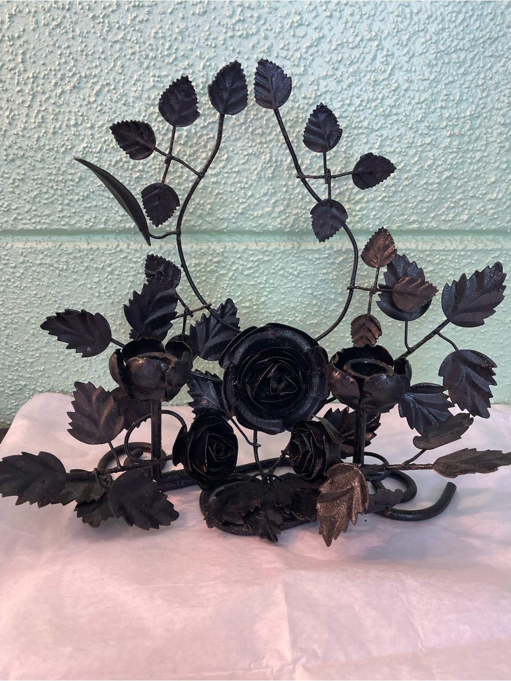 Handcrafted Black Metal Rose Candleholder Vintage